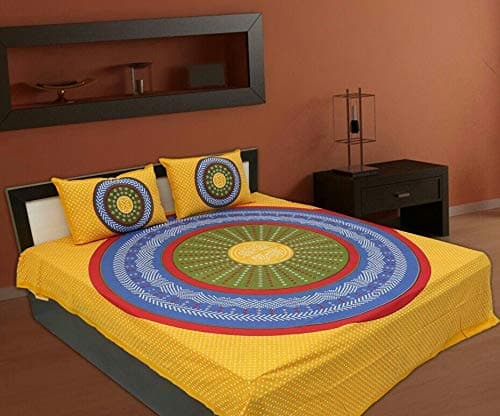 100% Cotton Rajasthani Jaipuri sanganeri Traditional King Size Double Bed Sheet with 2 Pillow Covers (Yellow 2, Queen)