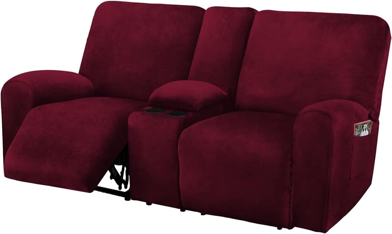 Reclining Love Seat with Middle Console Slipcover, 8-Piece Velvet Stretch Loveseat Reclining Sofa Covers, 2 seat Loveseat Recliner Cover, Thick, Soft, Washable, Loveseat Slipcovers (Burgundy - Wine)