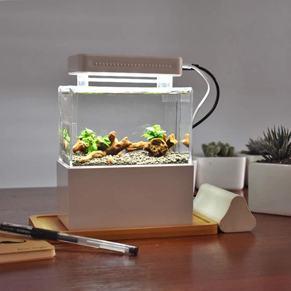 Acrylic Mini Fish Tank Desktop Mini Aquarium Tank Bowl for Goldfish Betta Small Fish for Office Business Home (White with LED Light)