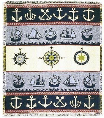 Nautical Theme Anchors Ships Compass Afghan Throw Blanket 48" x 60"