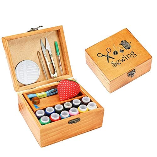Wooden Sewing Kit Set, Sewing Basket Organizer Box with Accessories, Home Sewing Repair Tool Kit for Beginner, Women, Men, Adults, Girls,Kids