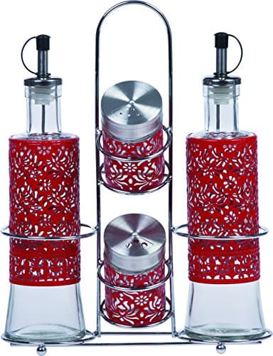 Ragalta USA RAG-G-014R 5 Piece Glass Condiment Set with Stainless Steel Rack Stand and Pour Spouts, Red