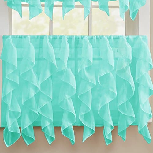Sheer Voile Vertical Ruffle Window Kitchen Curtain Tiers or Valance Sea 24", 36" (24" Tier Pair)
