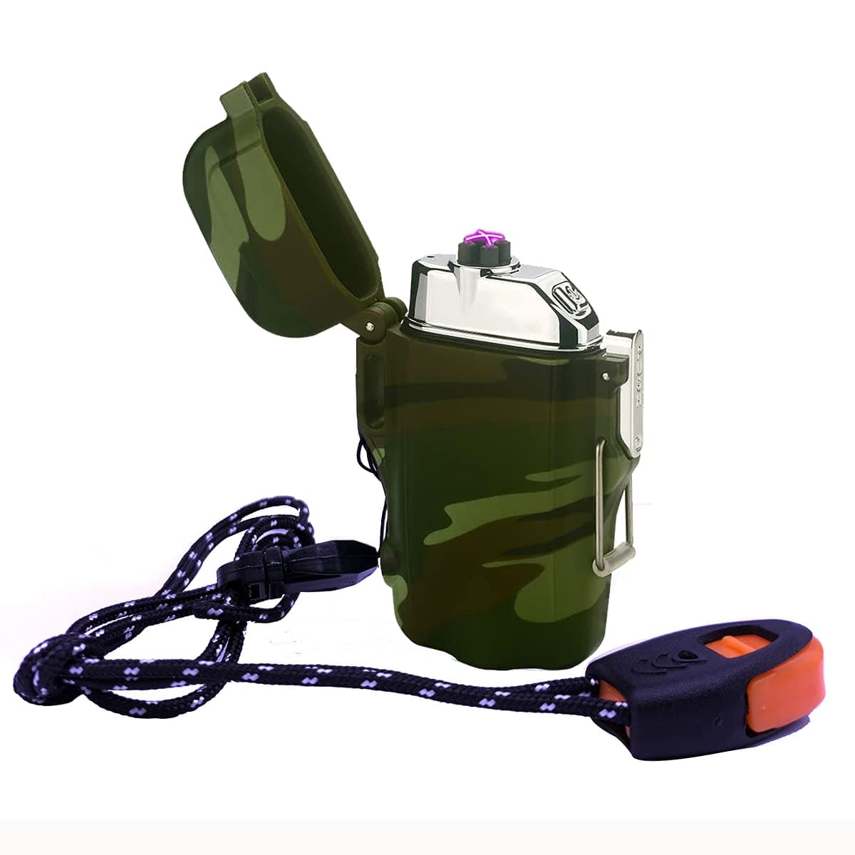 Waterproof Lighter,Arc Lighter Rechargeable USB Lighters Windproof Flameless Electric Lighter with Paratinder Lanyard and Emergency Whistle for Camping Hiking Outdoor Survival (F13-Camouflage)