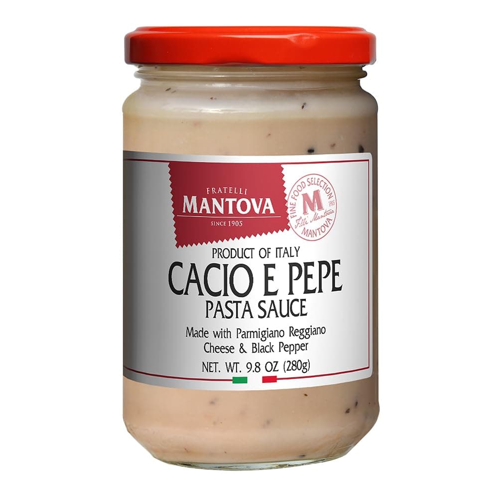 Mantova Cacio e Pepe Pasta Sauce, 9.8 oz. (Pack of 2), Product of Italy, 100% Italian, All-Natural Ingredients, Parmigiano Reggiano PDO, Pecorino Romano PDO, Black Pepper, Traditional, Ready-To-Eat Sauce for Spaghetti, Rigatoni, Fettucine, Fusilli, Gnocchi, and Other Pasta, Creamy, Peppery Flavor, No Artificial Coloring, Flavoring or Preservatives