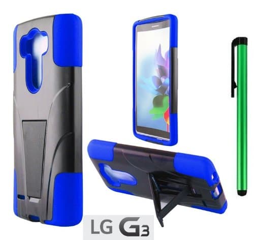 LG G3 Premium T-Stand / Side-Stand Hybrid Holster Design Protector Hard Cover Case (For 2014 LG New Flagship Android Phone) + 1 of New Assorted Color Metal Stylus Touch Screen Pen (BLUE / BLACK)