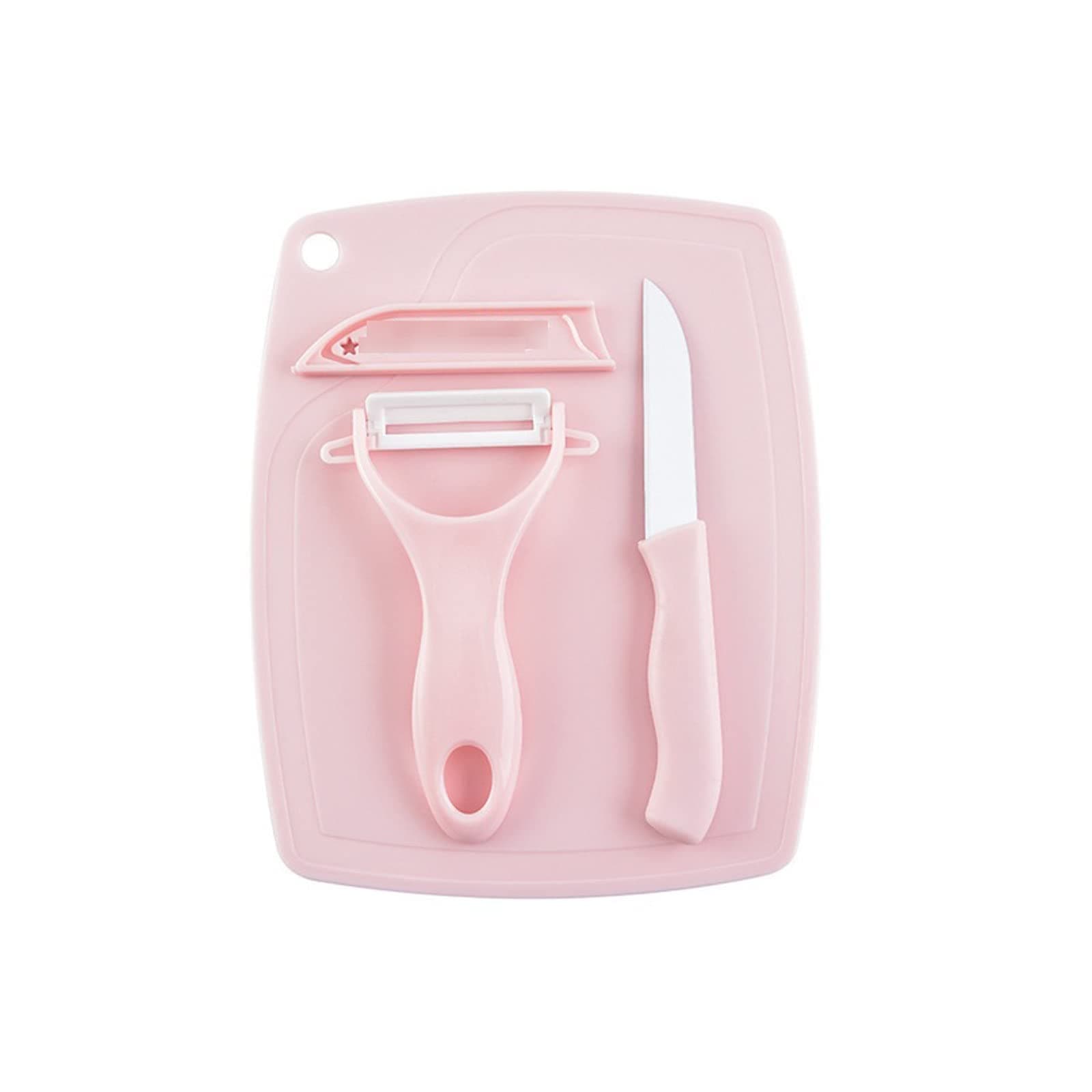 Kamisama Kiss Kitchen Ceramic Fruit Knife Set， Household Chopper Knifes Cutting Board， Melon Fruit Planer Peeler Kitchen Three-Piece Set (Color : Pink)