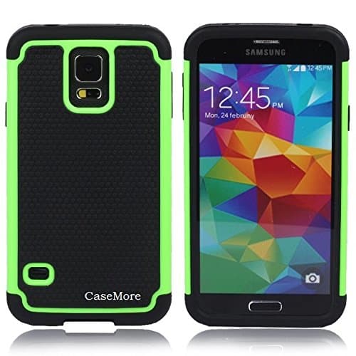 CaseMore Green Plastic + Silicon Material Protective Armor Defender Case for Samsung Galaxy S5 S V with 1 Screen Protector and 30 CM Charger Data Cable