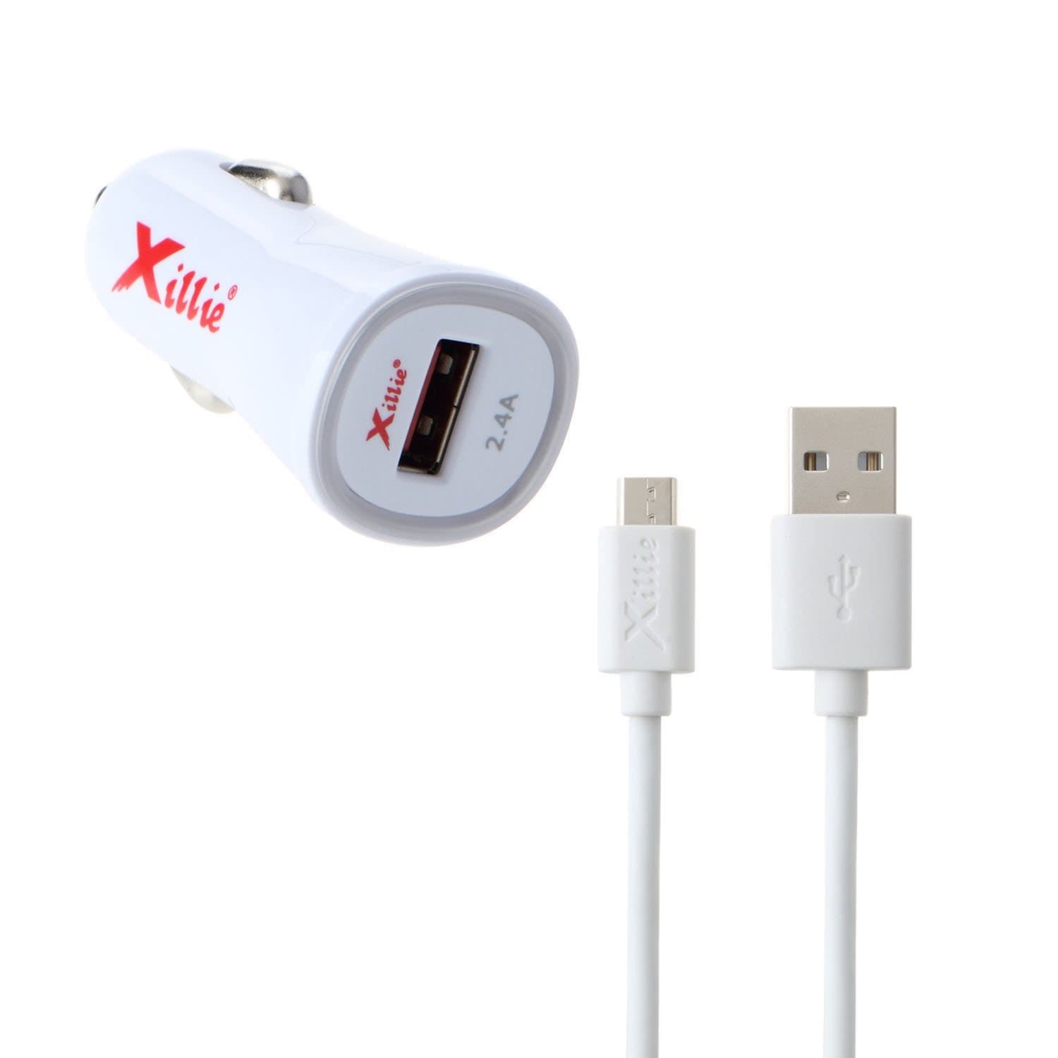 Xillie Smart CE FCC Certified Car Charger Pack with Micro USB Cable 4ft, Single Port 5V 2.4A 12W USB Car Charger White Color (1x Car Charge, 1x Micro USB Cable)