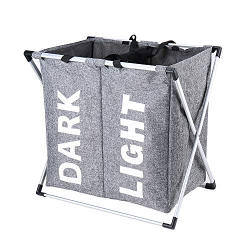 HOSROOME 2 Sections Laundry Hamper Laundry Baskets with Aluminum Frame (24x 15x 23 inches) Dirty Clothes Bag for Bathroom Bedroom Home College Use,Grey