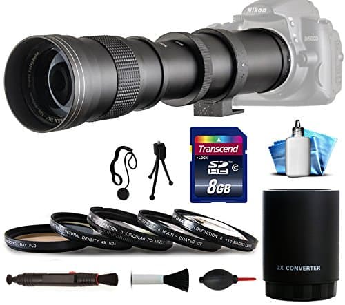 Opteka 420-1600mm f/8.3 HD Telephoto Zoom Lens Bundle Package Includes 2X Teleconverter + 8GB Memory Card + 5 Piece UV-CPL-FL-Macro 10x-ND4 Filters + Snap On Lens Cap with Cap Keeper + Lens Pen + Air