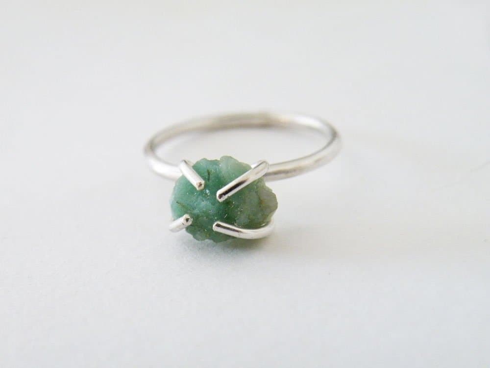 Raw Green Emerald Ring May Birthstone Stacking Ring Rough Uncut Emerald Rustic Engagement Ring Sterling Silver Prong Setting by SteamyLab