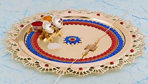 Diwali Pooja Thali Tilak Decorative Platter Set, Laxmi/Ganesh Pooja Hindu Puja 10 (Multi Round Thali) (Pure Gold)