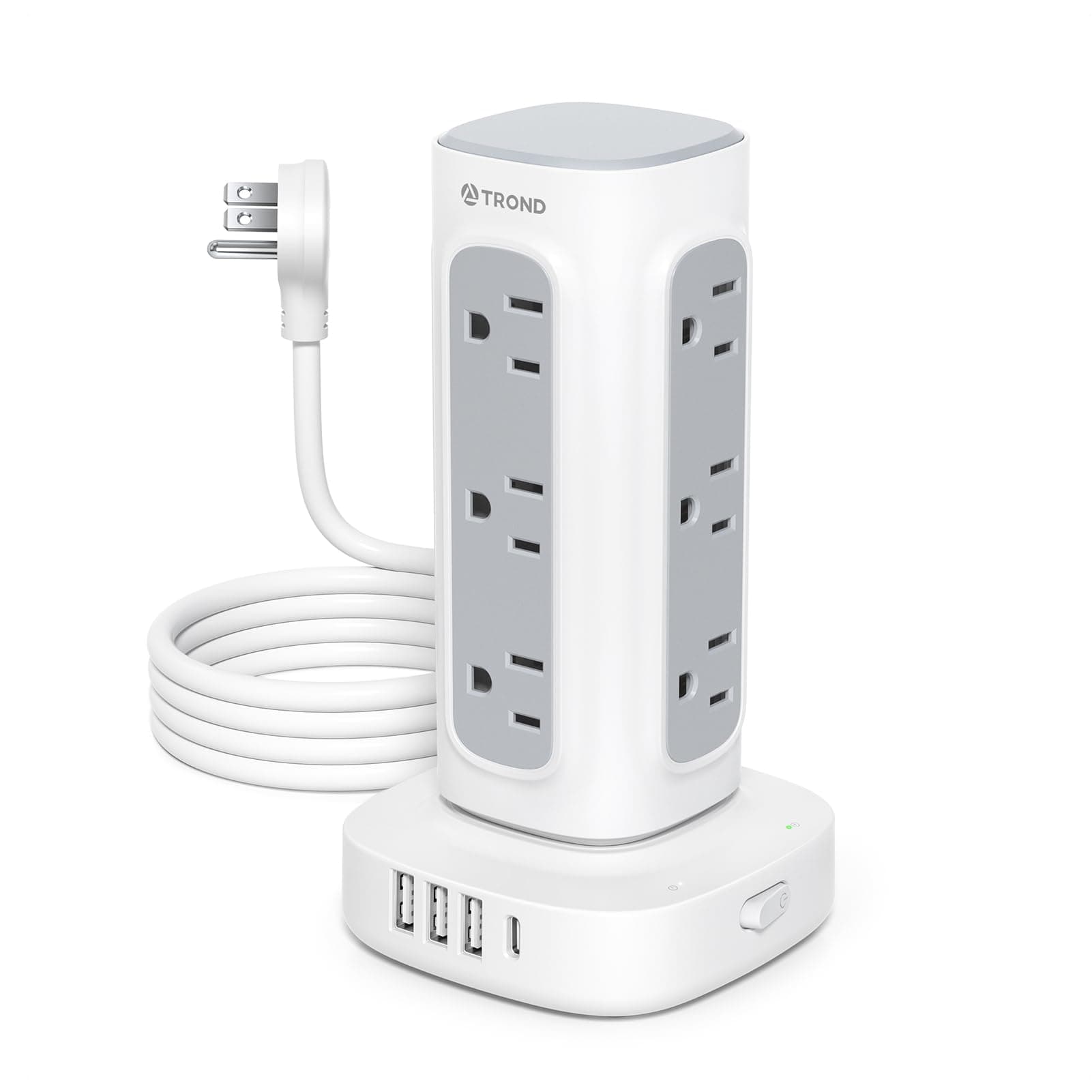 TROND Surge Protector Power Strip Tower - 6ft Flat Plug Extension Cord with Multiple Outlets, 4 USB Ports, Vertical Charging Station, 1700 J, Home Office Desk Supplies, Dorm Room Essentials, White