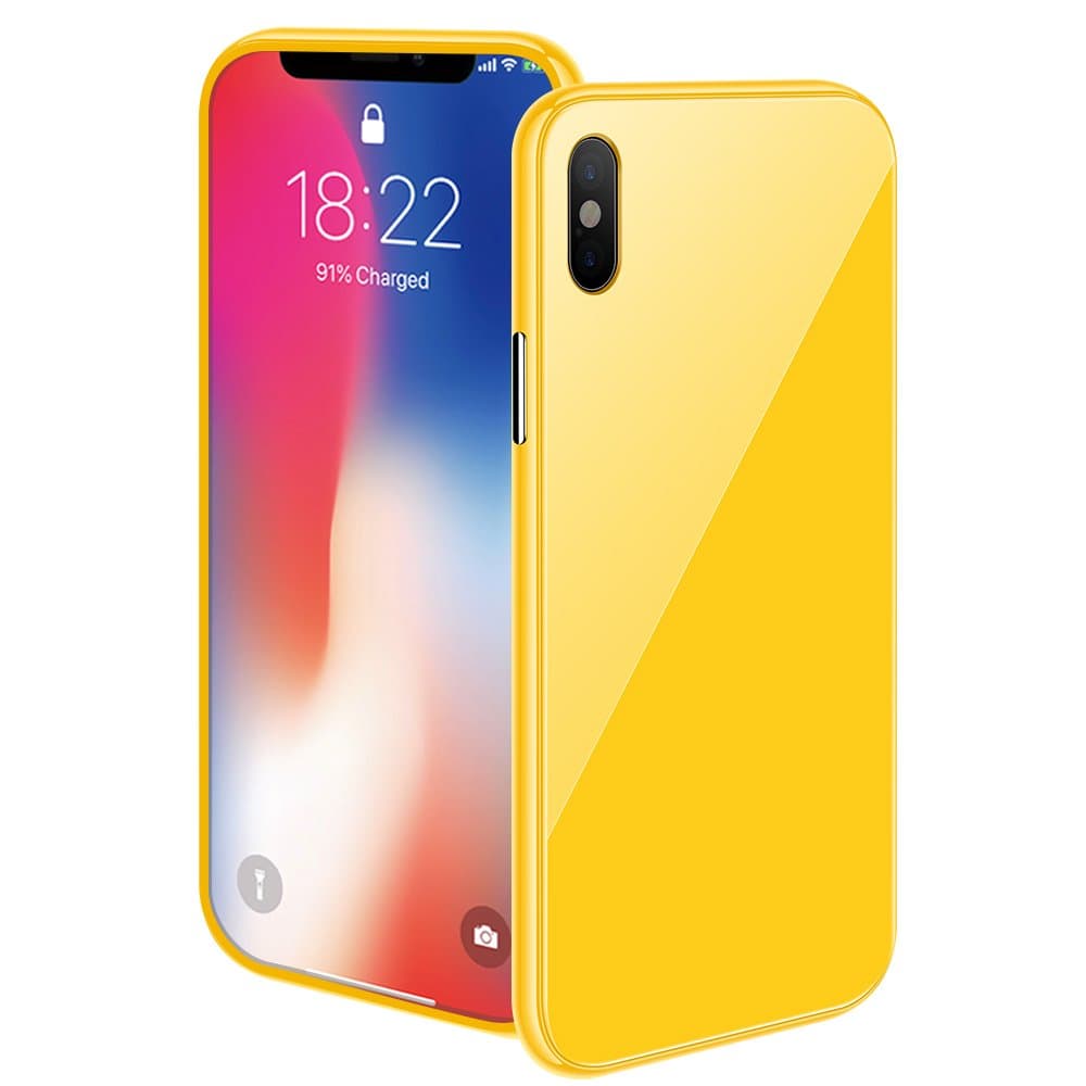 iPhone X Magnetic Case with Metal Frame Glass Back Case for iPhone 10 Aluminum Alloy Tempered Glass with Built-in Magnet Flip Cover for iPhone X/10 5.8'' (Yellow, iPhone X/10 5.8'')