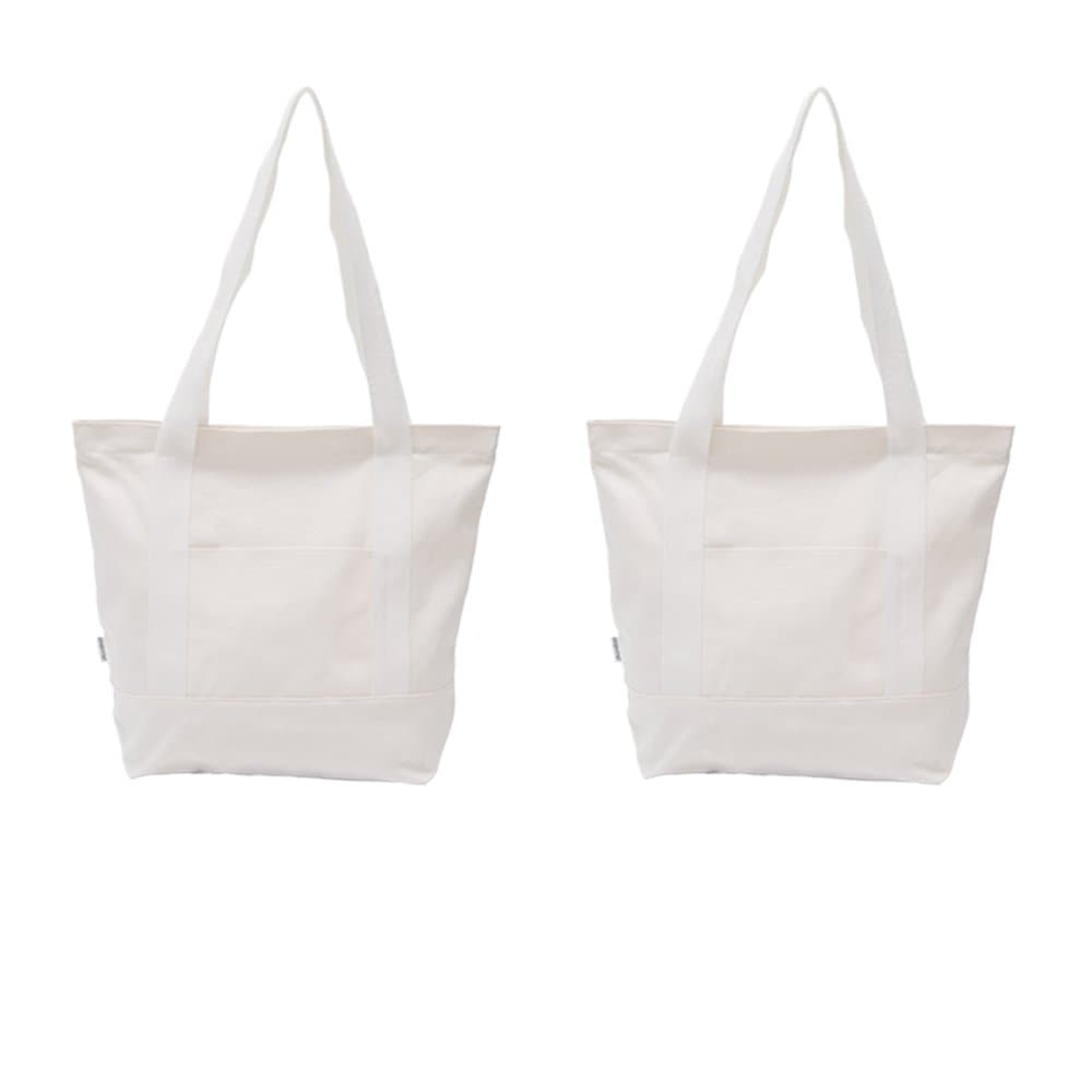 AugbunnyHeavy Duty 100% Cotton Canvas Zipper Beach Shoulder Grocery Tote Bag With Outer Pocket 2-pack