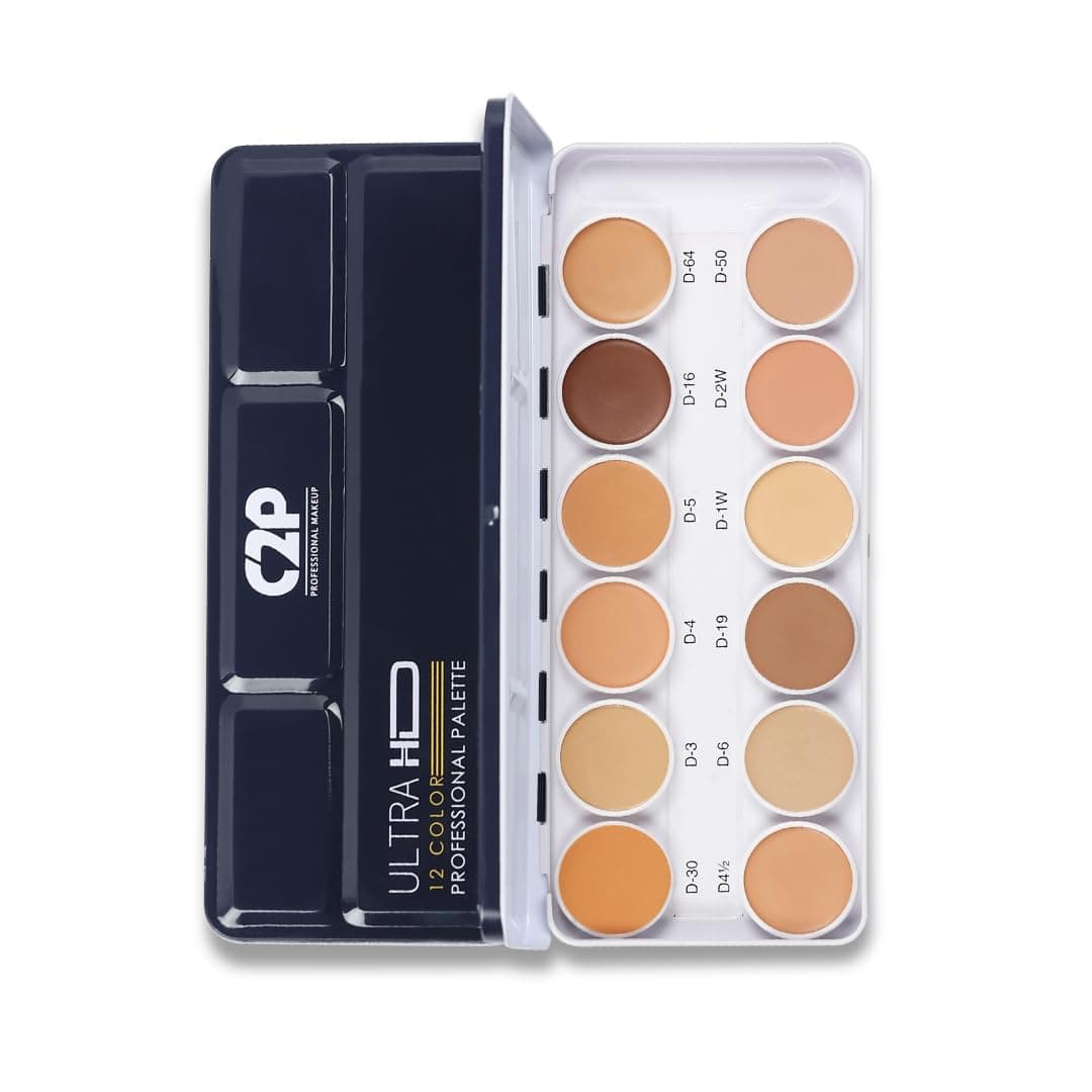 C2P PROFESSIONAL MAKEUP Pro Ultra HD 12 Color Dermashield - Foundation, Contour & Concealer Palette for Face | Offers Full Coverage for Oily Skin - All in 1 palette 42g