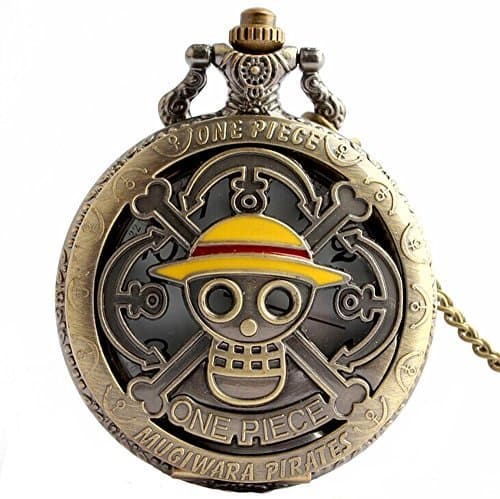 Large Antique Bronze Pierced Anime Skull One Piece Luffy Quartz Pocket Watch with Chain New