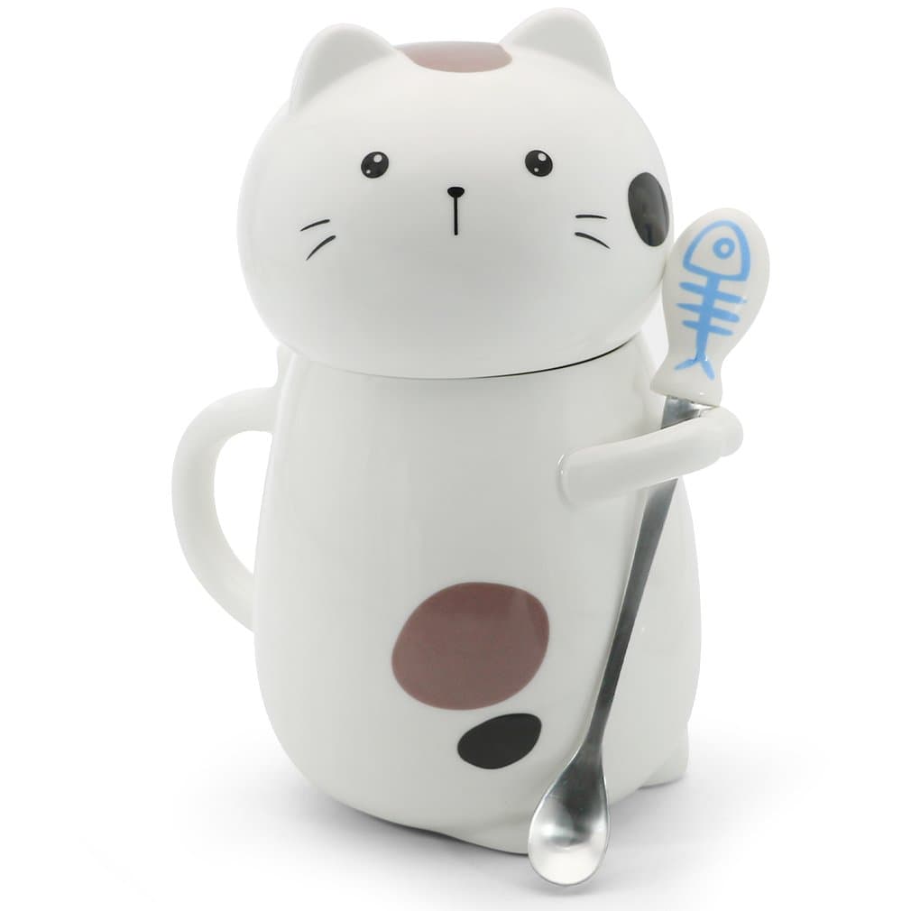 Cute 3D Cat Mug Funny Ceramic Coffee Tea Mug with Lid and Stirring Spoon Novelty Birthday Christmas Thanks Giving Gift for Cat Lovers Valentine's Day Gifts,White 14 oz-A
