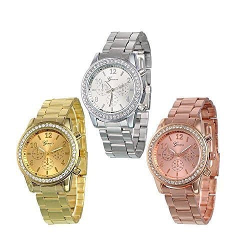 Faermi 3 Pack Geneva Silver Gold and Rose Gold Plated Ladies Boyfriends Watches