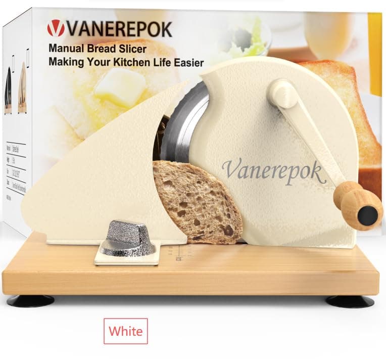 Manual Bread Slicer - Adjustable Width Stainless Steel Blade - Cream Wood Body - Ideal for Home & Commercial Use