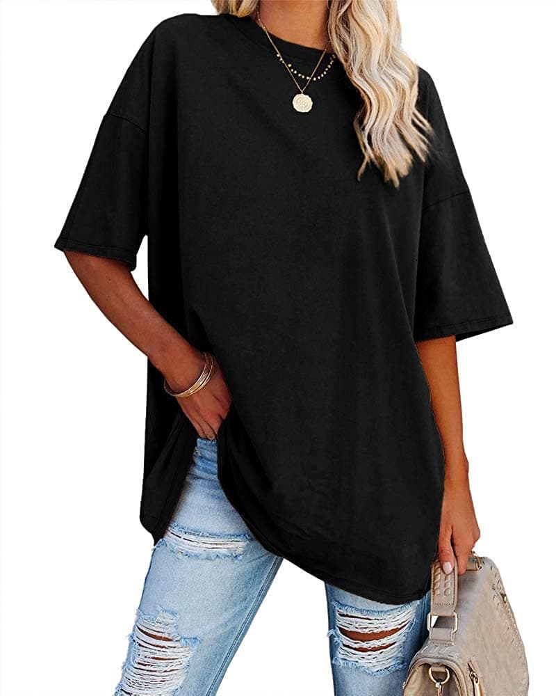 FisoewWomen's Oversized T Shirts Tees Half Sleeve Crew Neck Cotton Tunic Tops