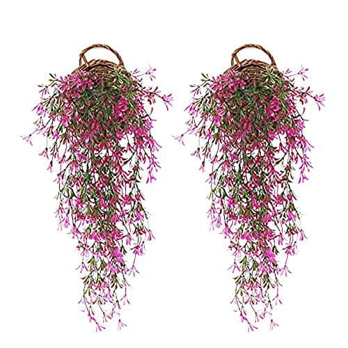 JustYit 2Pcs Rose Red Fake Plants Plastic Plants Artificial Ivy Vine Outdoor Artificial Plant Artificial Hanging Plants for Indoor Outdoor Wedding Party Home Garden Wall Decoration