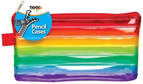 Rainbow Coloured Striped Flat Pencil Case Transparent Plastic Red Zip (School)