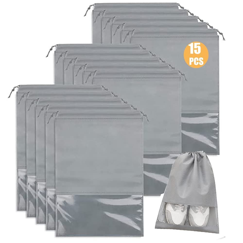 15 Pcs Large Travel Storage Shoe Bags, Waterproof Shoe Bag for Gym,Travel, Portable Shoe Pouch Organizer Non-Woven Fabric with Drawstring for Men and Women (Gray - 15pcs Large)