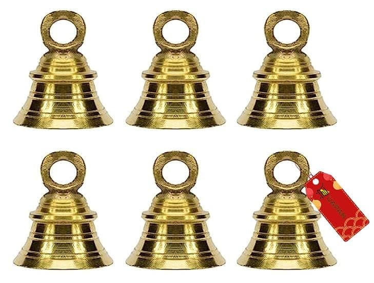 UAPAN Brass Decorative Hanging Bell for Festival Home Temple Decoration with J Hook (Pack of 6, 2 Inch)