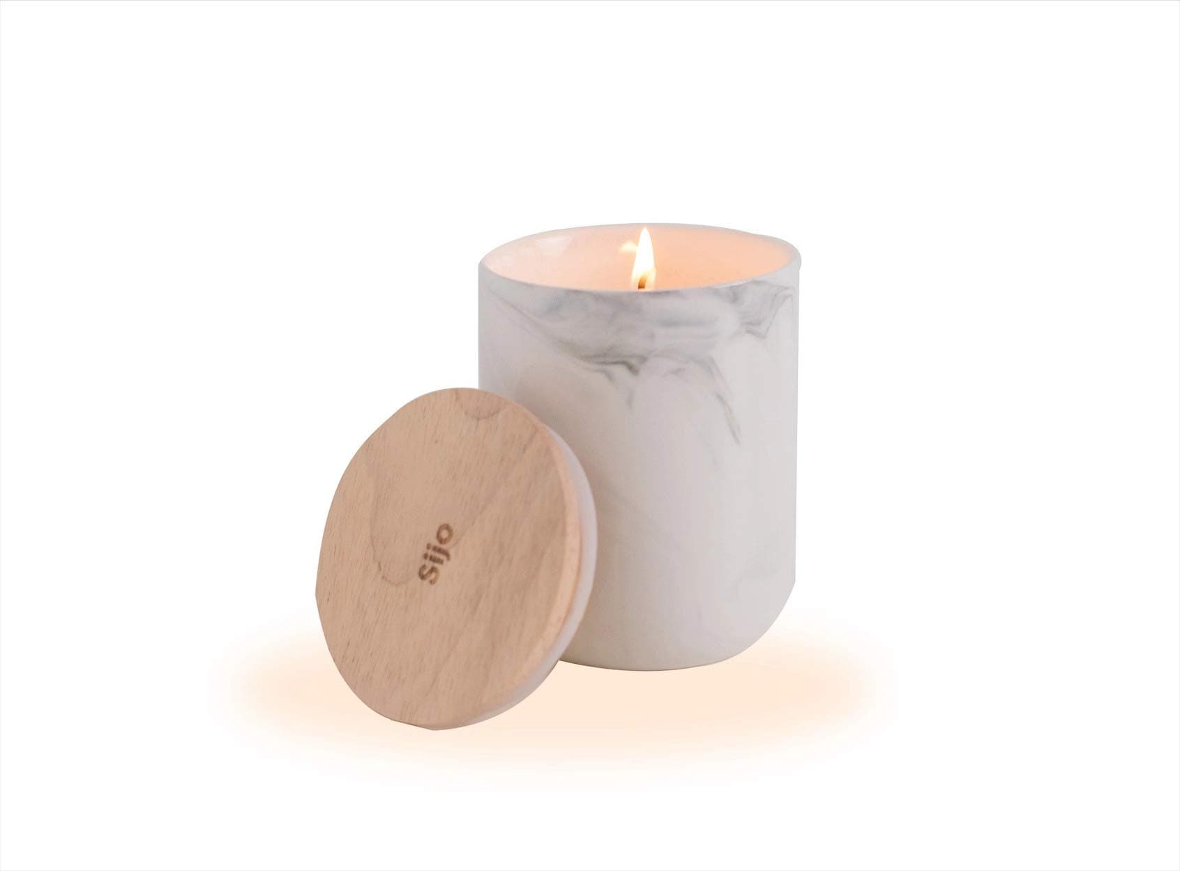 Sijo Coconut Wax Highly Scented Long Lasting Candle Ceramic Marble Pattern, Hand Poured (Sandalwood & Jasmine, 9 Oz.)