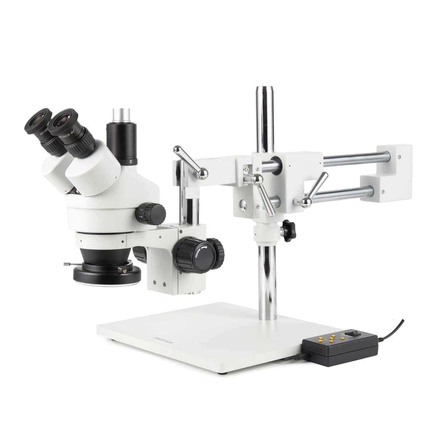 SM-4TZ-144A Professional Trinocular Stereo Zoom Microscope, WH10x Eyepieces, 3.5X-90X Magnification, 0.7X-4.5X Zoom Objective, Four-Zone LED Ring Light, Double-Arm Boom Stand, 110V-240V, Includes 0.5X and 2.0X Barlow Lens