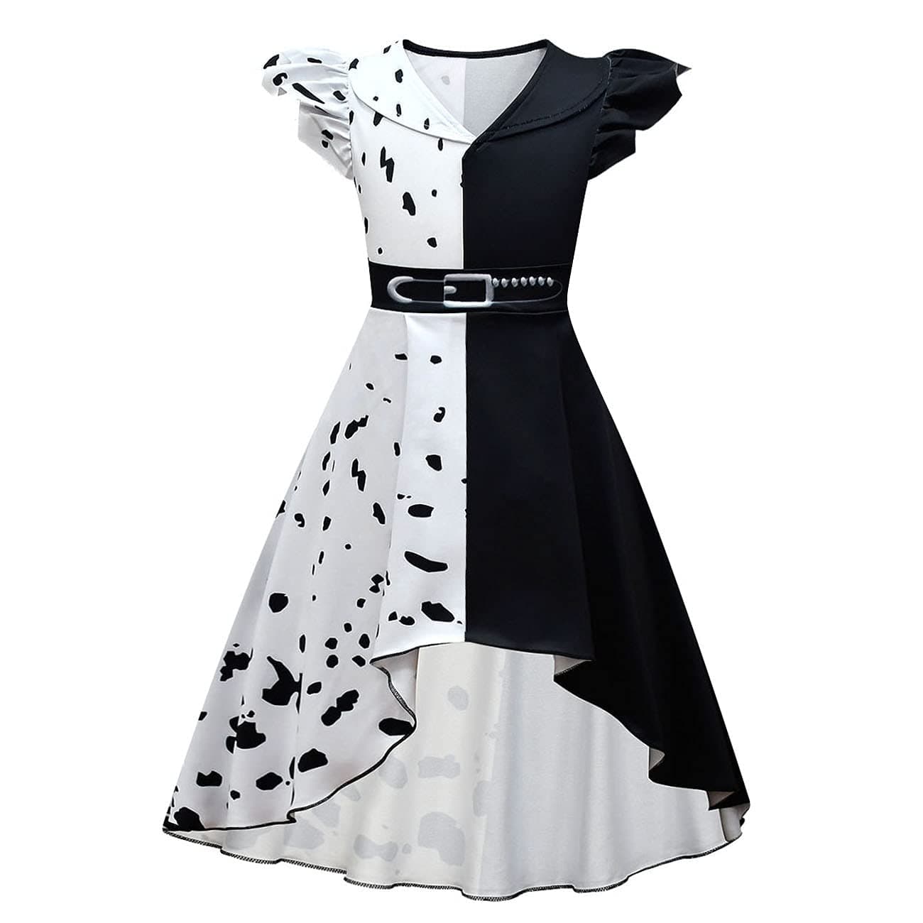 IDOPIPCruella Deville Costume for Girls Villain Evil Queen Dalmatian Black White Dress/Coat Halloween Birthday Cosplay Party Fancy Dress up Outfits 4-12 Years