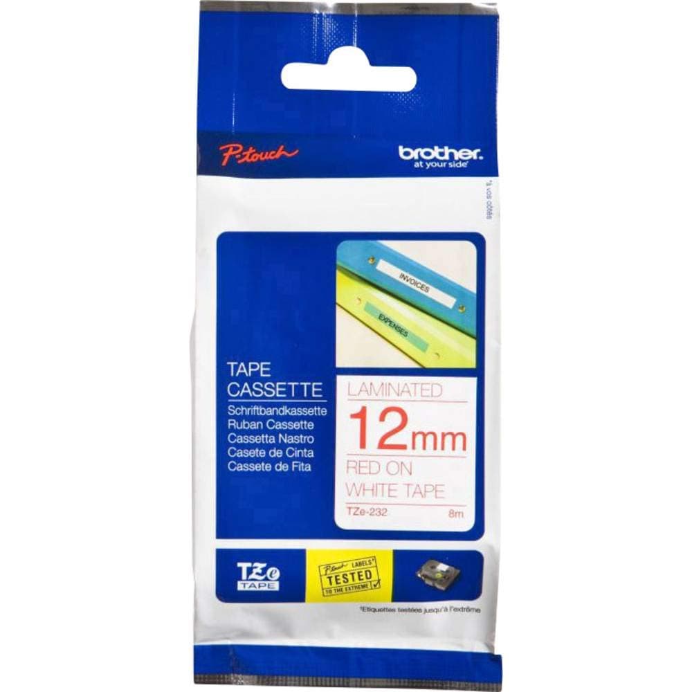Brother TZe-232 Labelling Tape Cassette, 12 mm (W) x 8 m (L), Laminated, Brother Genuine Supplies - Red on White