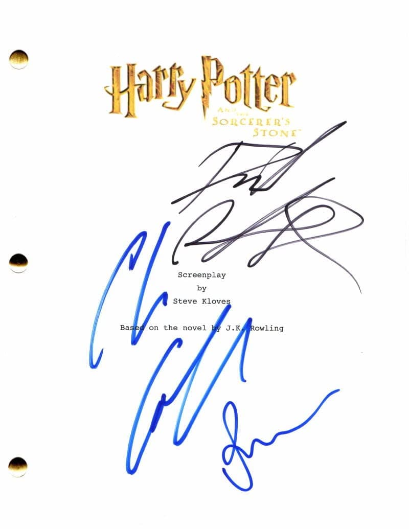 DANIEL RADCLIFFE RUPERT GRINT & DIRECTOR CHRIS COLUMBUS CAST SIGNED AUTOGRAPH HARRY POTTER AND THE SORCER'S STONE FULL MOVIE SCRIPT - COSTARRING: EMMA WATSON, TOM FELTON, MAGGIE SMITH, RICHARD HARRIS, HELENA BONHAM CARTER, GARY OLDMAN, RALPH FIENNES - WRITTEN BY JK ROWLING - AND THE PHILOSOPHER'S STONE, AND THE CHAMBER OF SECRETS, AND THE PRISONER OF AZKABAN, AND THE GOBLET OF FIRE, ORDER OF THE PHOENIX, HALF-BLOOD PRINCE, DEATHLY HALLOWS PART 1 PART 2 - VERY RARE