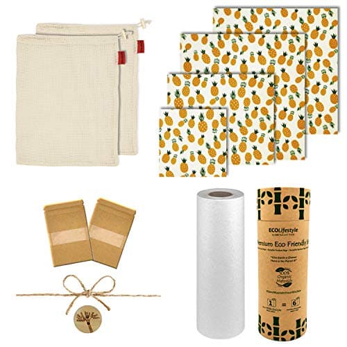 Zero Waste Upgraded Kit - 4 Reusable Beeswax Food Wrap + 2 Cotton Mesh Produce Bag Bundle + 1 Bamboo Reusable Paper Towels +3 Bonus | Eco Friendly Products Sustainable Bees Wraps Wax Food Storage Bags