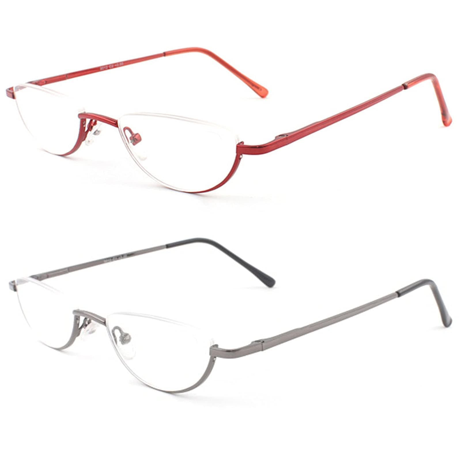 MMOWW 2 Pack Half Moon Reading Glasses for Men Women Slim Metal Half Frame Readers Semi Rimless Eyewear with Spring Hinge (Red+Gray, +2.5)