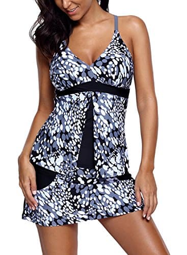 Lovezesent Women Sexy V Neck Straps Padded Tankini Top and Swim Skirt Two Pieces Bathing Suit for Juniors Black Plus Size XL