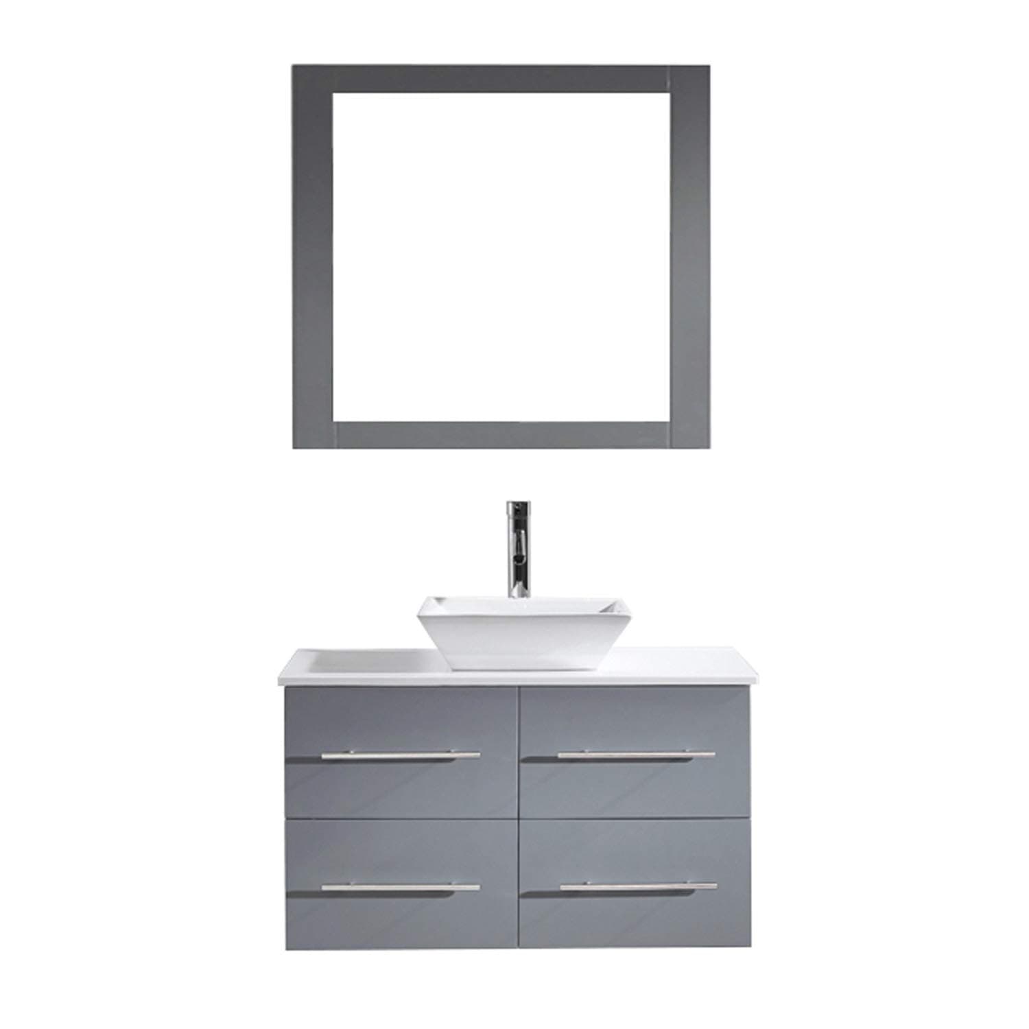 Virtu USA Marsala 35 inch Single Sink Bathroom Vanity Set in Grey w/Square Vessel Sink, White Engineered Stone Countertop, Single Hole Polished Chrome, 1 Mirror - MS-565-S-GR