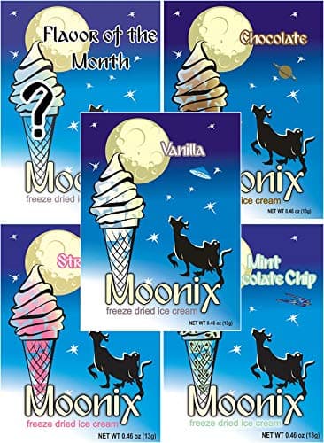 Moonix Variety (Best.Sellers, 5ct) Ready-to-Eat Freeze Dried Ice Cream, Perfect for Christmas, New Year's: Includes (1) Vanilla, (1) Chocolate, (1) Strawberry, (1) Mint Chocolate Chip, and (1) Flavor of the month. Each 13g Bag Offers a Unique Flavor Experience. Ideal for Festive Snacking, Hiking, Camping, and Parties. No-Melt, Shelf-Stable, Travel-Friendly. Proudly Made in the USA with Military-Grade Packaging. Enjoy a Variety of Classic Ice Cream Flavors. Moonix Variety (Best.Sellers, 5ct)