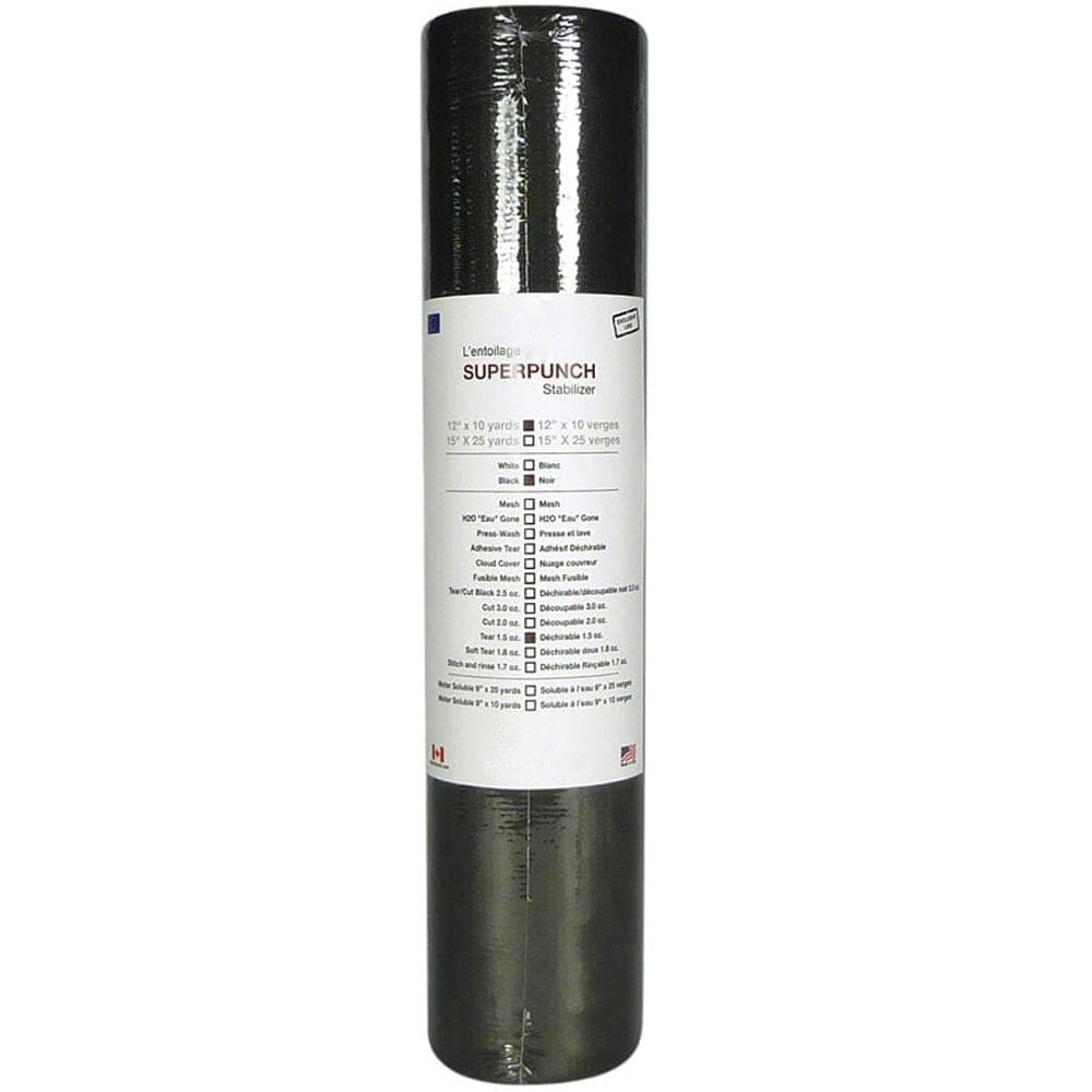 Superpunch 1.5 oz Black Tear Away Stabilizer for Embroidery - 12 inch x 10 Yard Roll, SuperStable Tear Away Machine Embroidery Stabilizer Backing, Polyester & Cellulose - Made in The USA