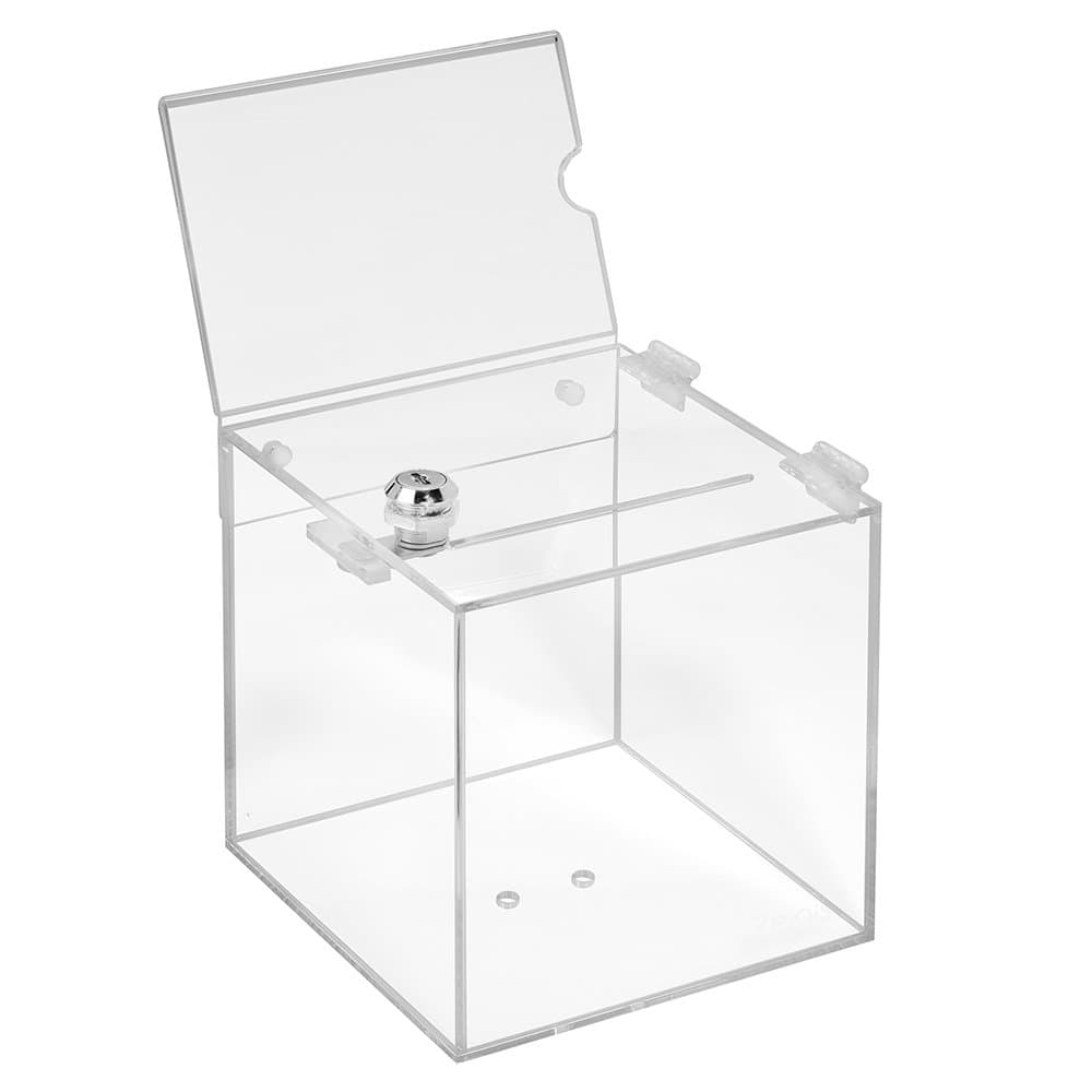 Loose Box Made of Acrylic Glass in 150 x 150 x 150 mm with Lock and top Sign DIN A6 Landscape – Zeigis® / Donation Box/Action Box/Transparent / Acrylic/plexiglass / Lockable