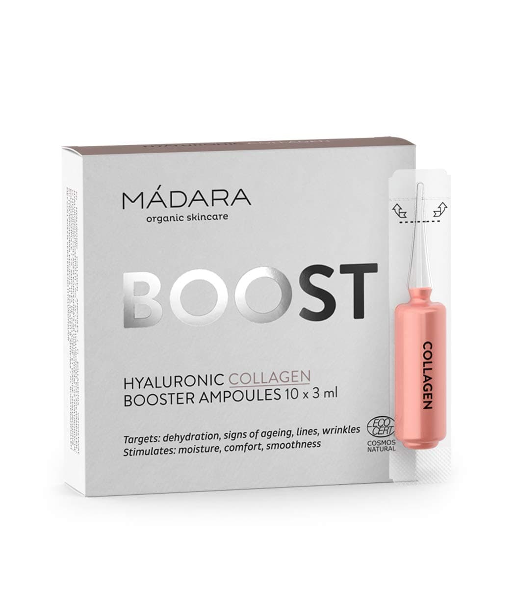 MÁDARA Organic Skincare |Hyaluronic Collagen Booster Ampoules - 3ml x10 pcs, Moisturising and collagen-boosting, With natural Hyaluronic Acid and water-binding plant sugars, Vegan, Ecocert certified