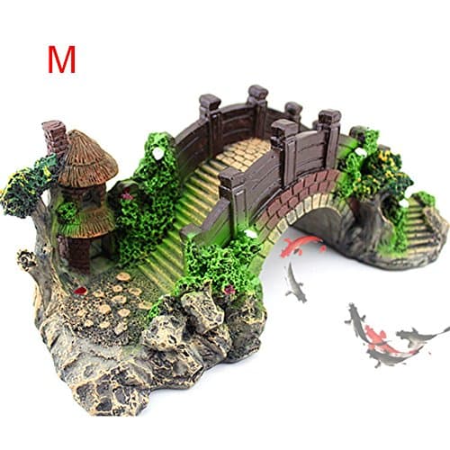 Brawdress Aquarium Ornament Bridge Resin Rockery Fake Rock Bridges Pavilion Tree Landscape Fish Tank Decoration (M)