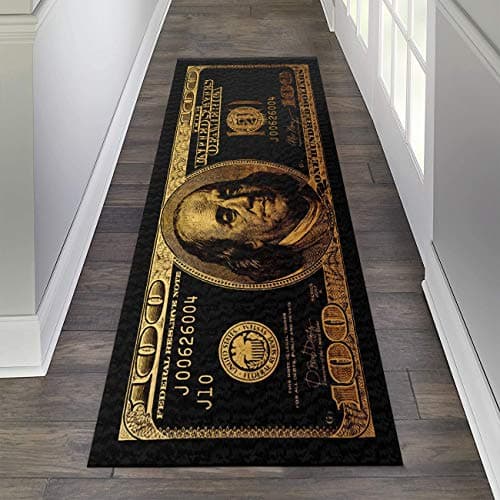 JUST BREATHE Black Gold Rugs 100 Dollar Bill Area Runner Money Nonslip Rubber Backed Laundry Room Rug Floor Mat for Living Room Dining Room Washroom Bathroom Mudroom Kitchen Doormat Hallway 24"X60"