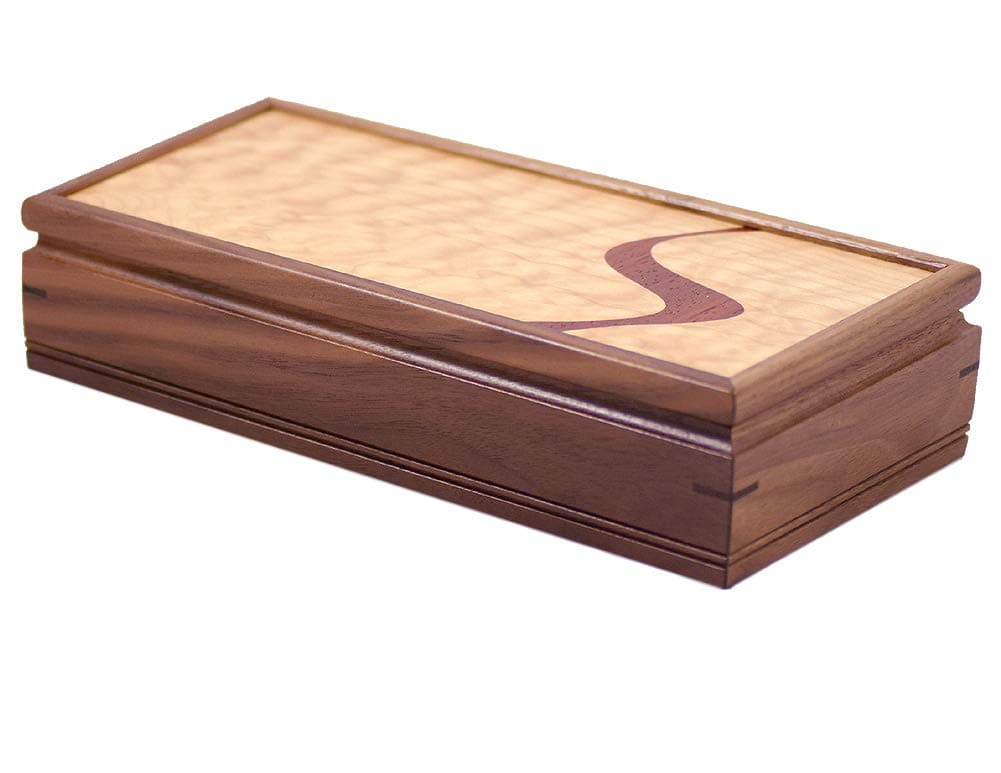 Small 11" Handmade Wood Jewelry Box, American Walnut and Curly Maple with Contemporary Swirl Inlay