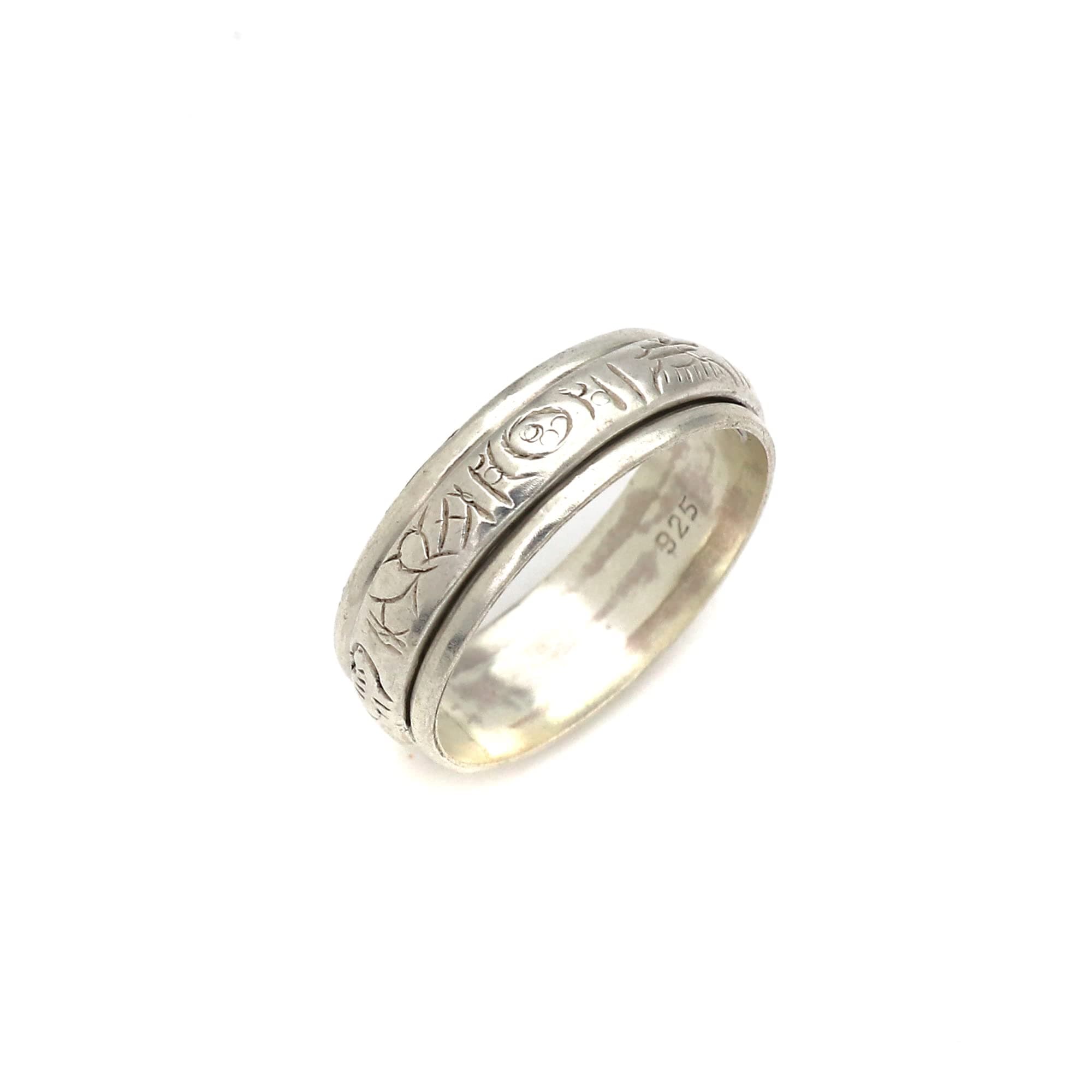 925 Sterling Silver Buddhist Symbol Engraving Spinner Ring