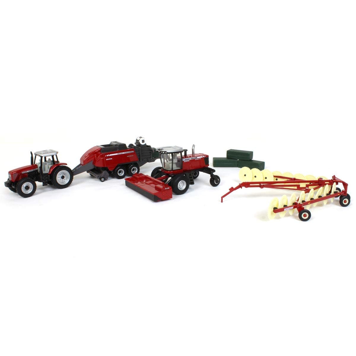 1/64 4 Piece Haying Set Includes Tractor, Wind Rower, Baler, Hay Rake, and Bales by ERTL 16421, unisex adult