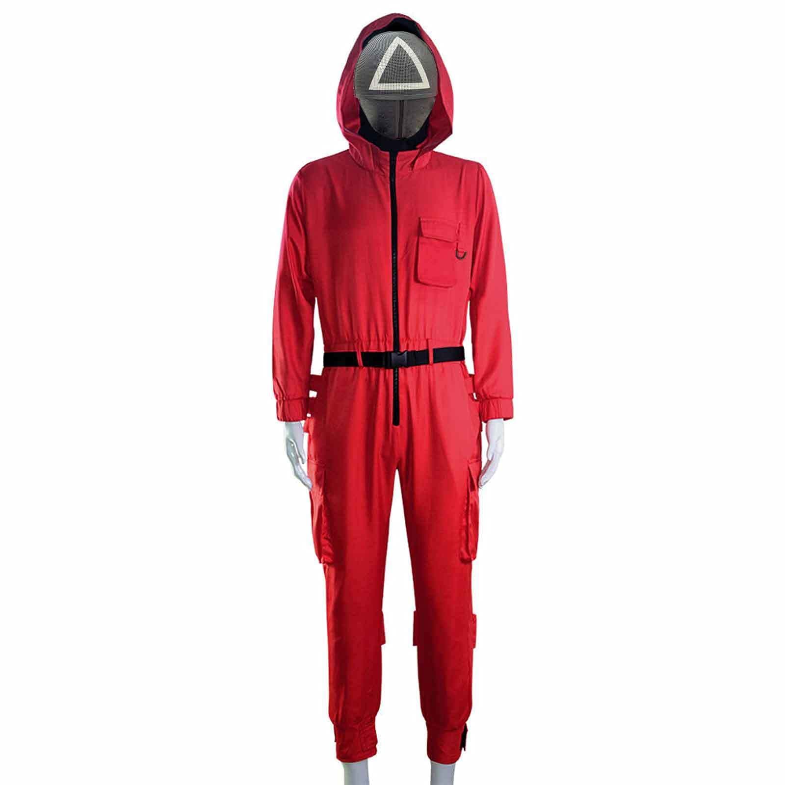Squid Game Costume, 4PC Halloween Costume, Red Jumpsuit + Mask + Gloves + Belt Full Body One Piece Suit Cosplay