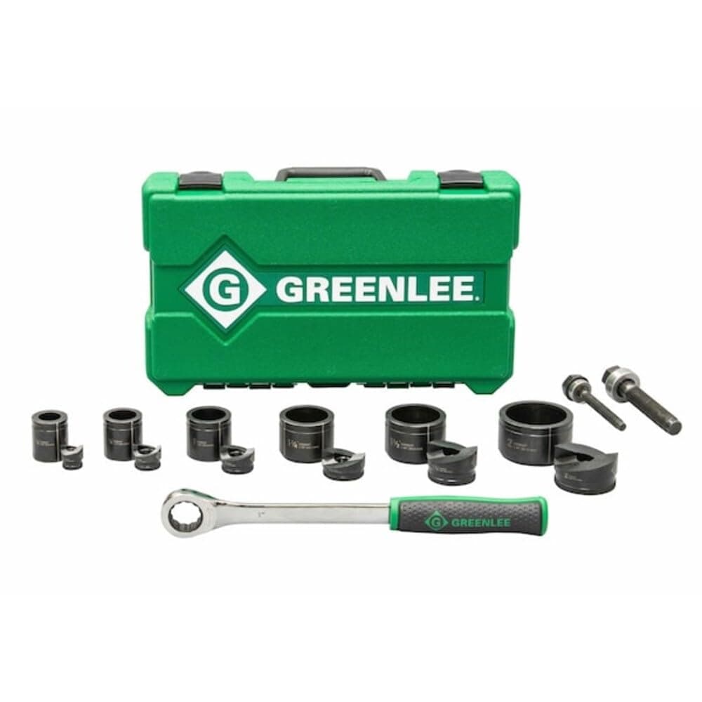 Greenlee 7238SB Slug-Buster Knockout Punch Kit with Hex Ratchet Wrench, 1/2" to 2" Punches, and 7/16" and 3/4" Draw Studs, Electrical Conduit Hole Cutter Kit, Low Carbon Steel